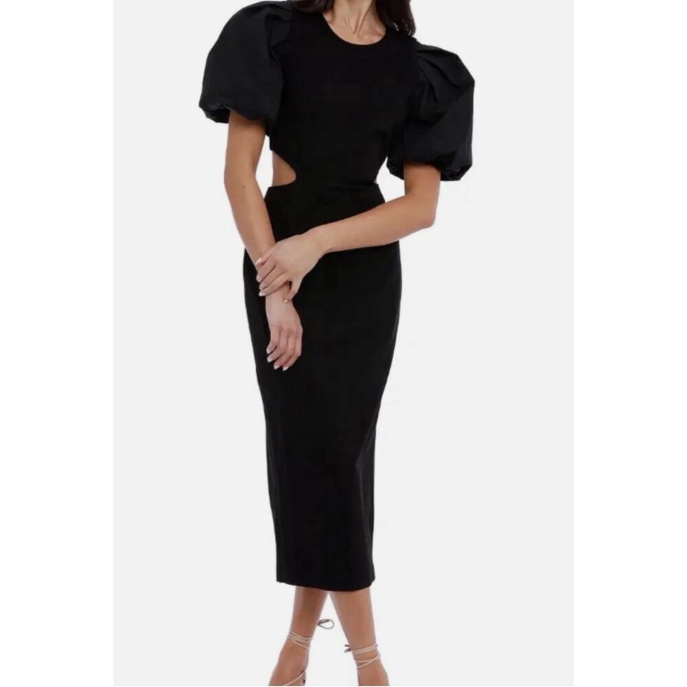 Moodie Crew Neck Puff Sleeve Cutout Midi Dress Black Size Large